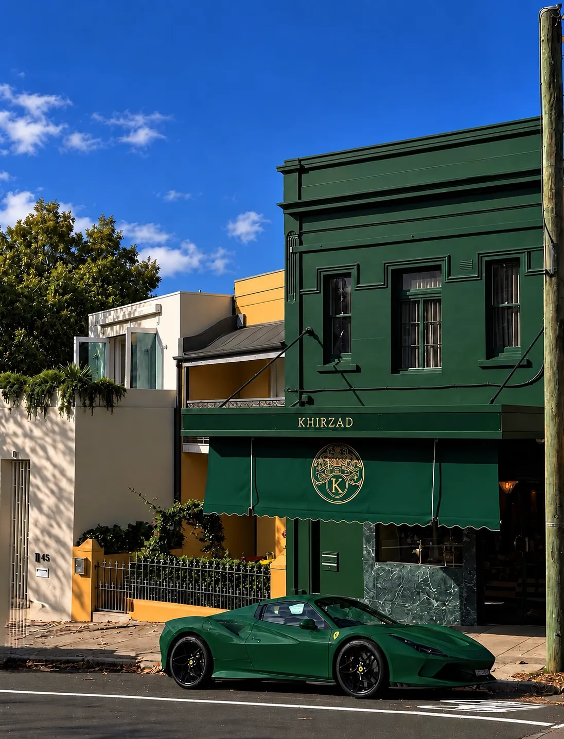 Green facade and awning of the Khirzad Sydney boutique on Cascade Street